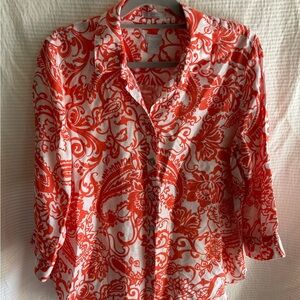 Chico's White and Bright Orange Paisley Button-Down Top